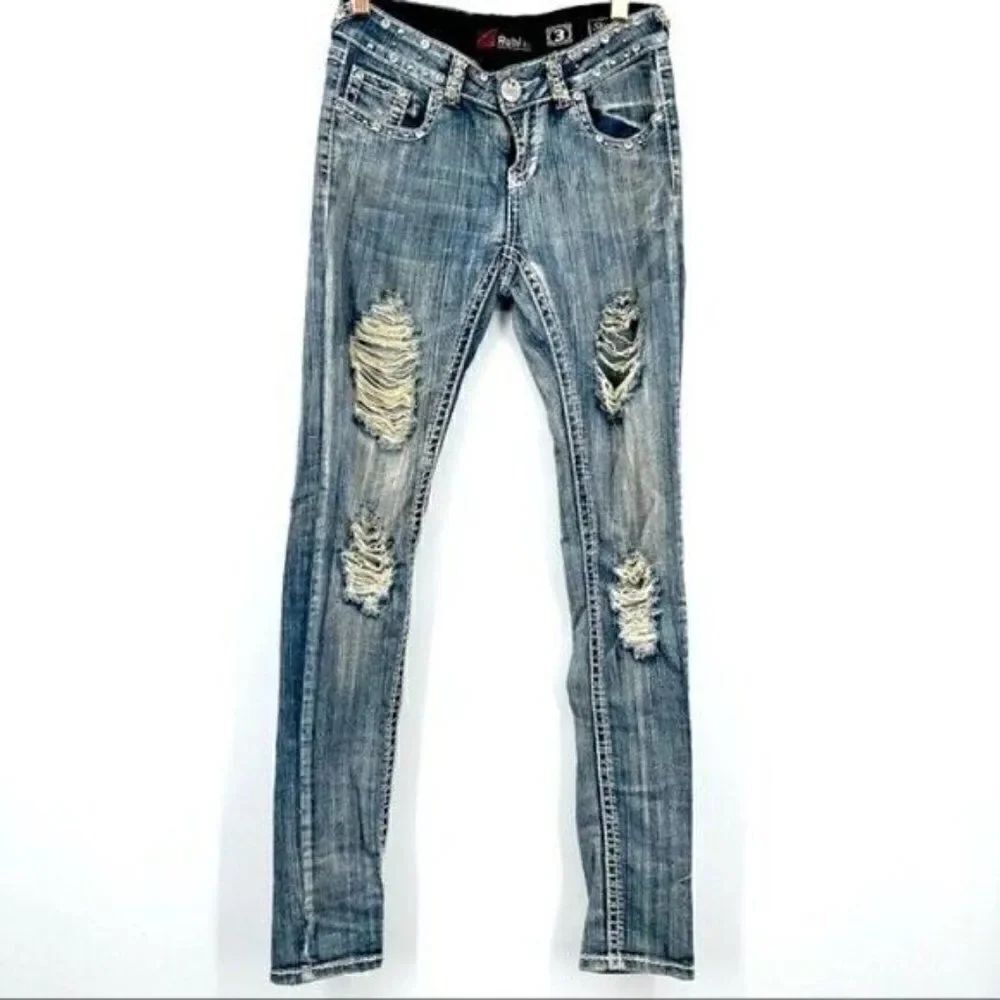 Rubi Jeans womans Skinny Jrs 3 heavily studded destroyed jean stone wash medium
